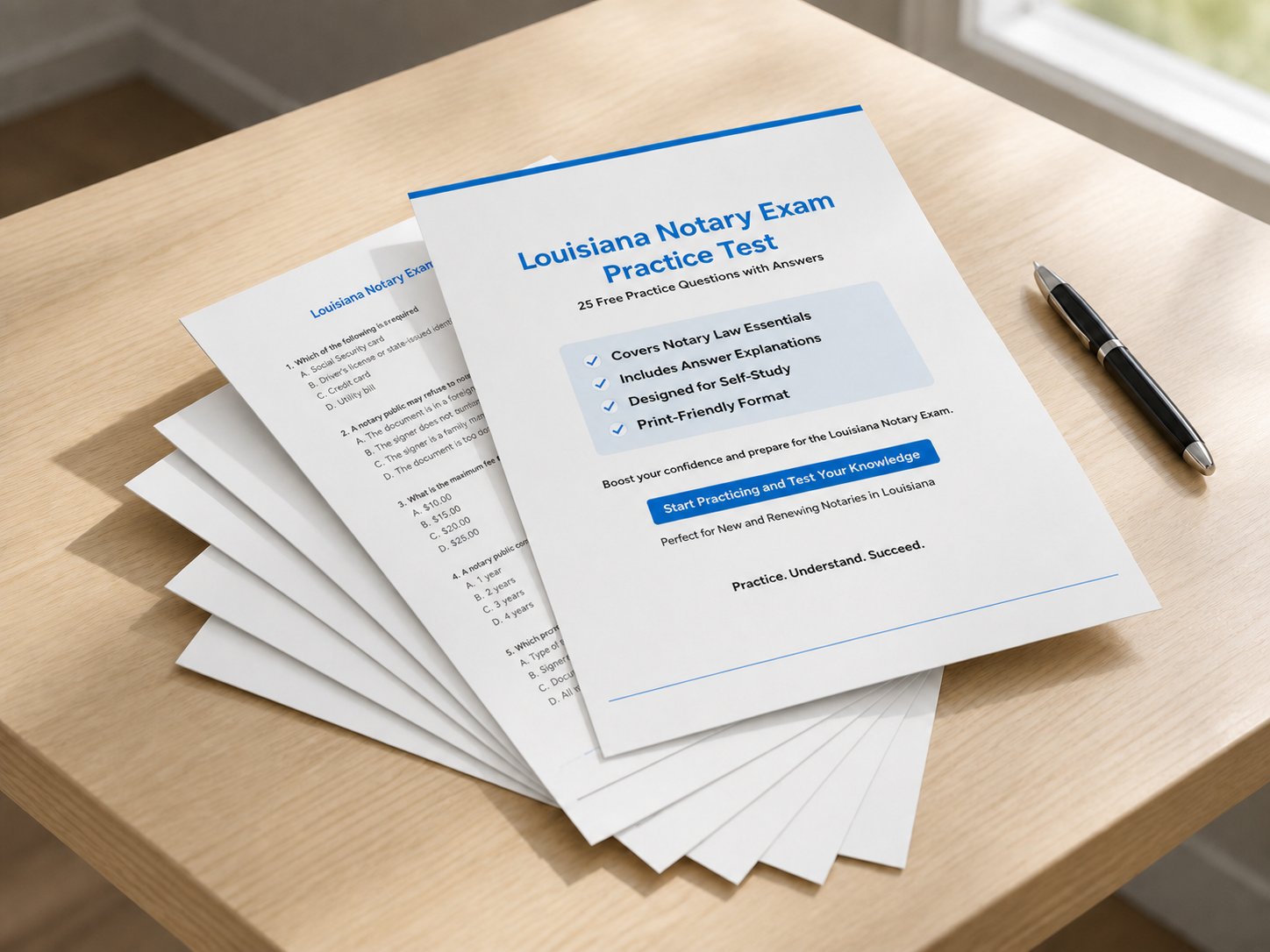 Louisiana Notary Exam Practice Test booklet and printed question pages on a desk