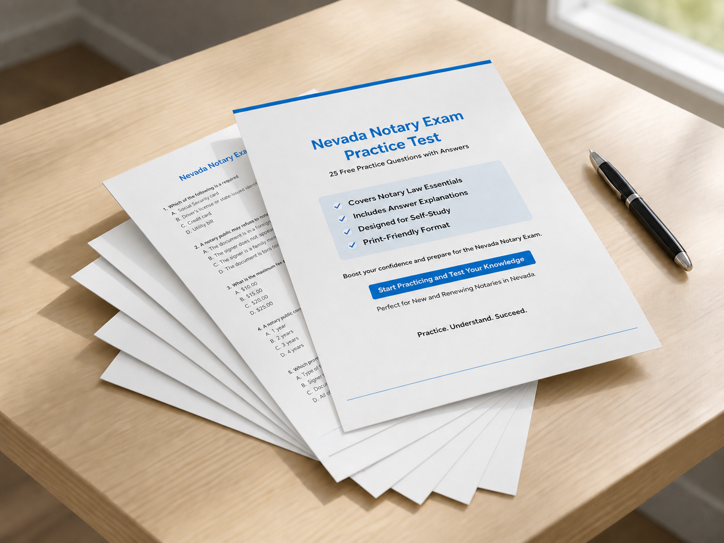 Nevada Notary Exam Practice Test booklet and printed question pages on a desk